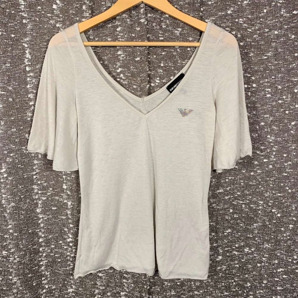 Emporio Armani V-Neck Flutter Sleeve Rhinestone Eagle Logo Top Women's 10
